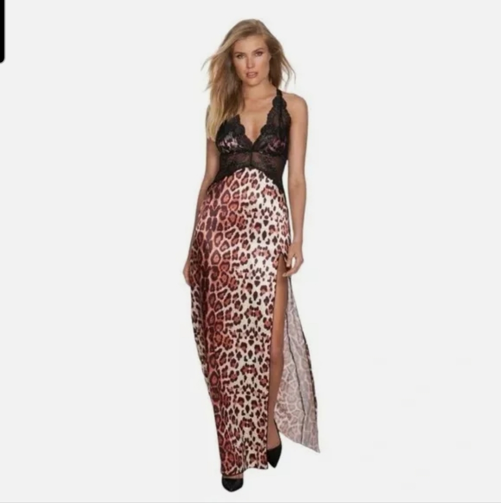 Frederick's of Hollywood,NW,Rosalina Rose Lace and Satin Gown Cheetah Print,Smal